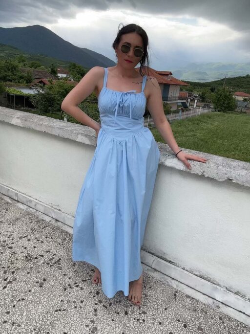 Φόρεμα Midi Baby Blue Ποπλίνα Με Σφηκοφωλιά Στη Μέση