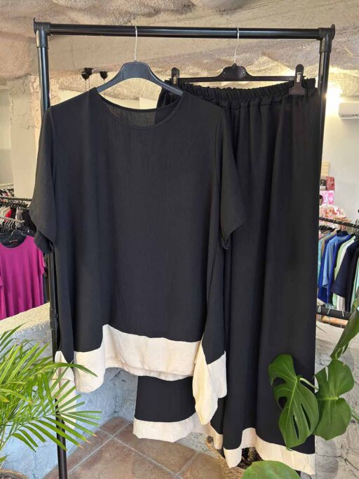 Σετ Plus Size Παντελόνα Με Μπλούζα Σε Μαύρο