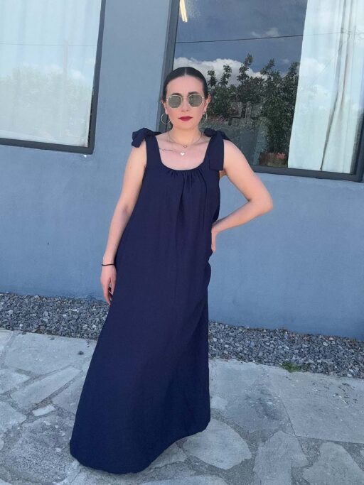 Φόρεμα Maxi Με Φιόγκο Στις Τιράντες Σε Μπλε Σκούρο