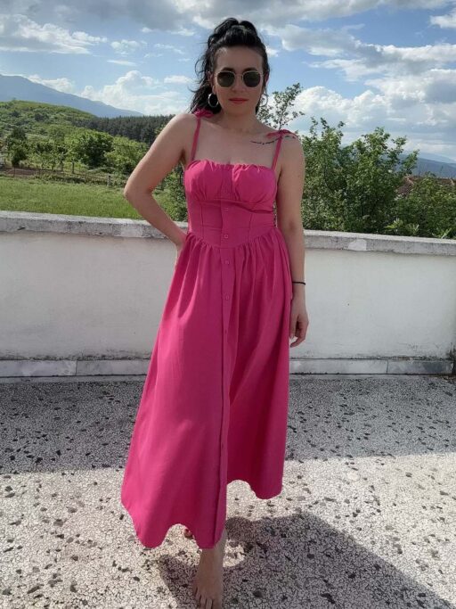 Φόρεμα Midi Φούξια Με Δετό Ραντάκι Και Σφηκοφωλιά Στη Μέση