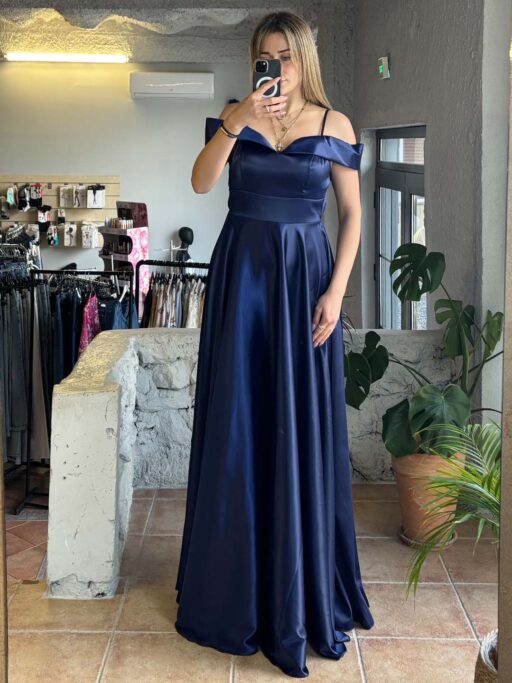 Φόρεμα Off Shoulder Maxi Με Σφηκοφωλιά Στη Μέση Μπλε Σκούρο
