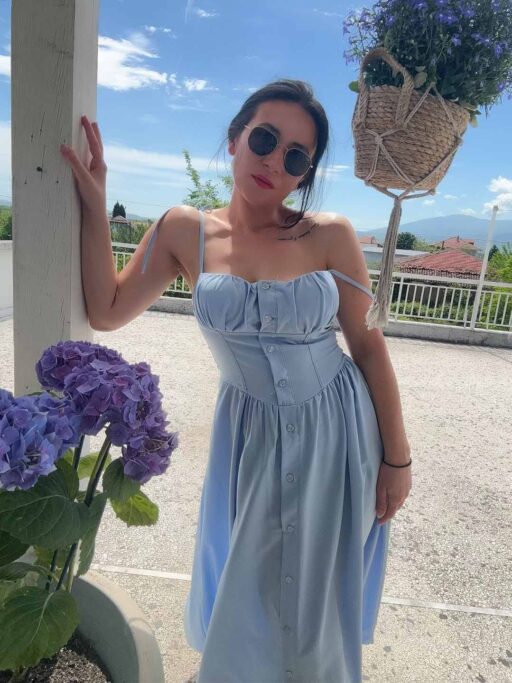 Φόρεμα Midi Baby Blue Με Δετό Ραντάκι Και Σφηκοφωλιά Στη Μέση