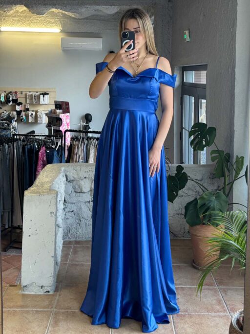 Φόρεμα Off Shoulder Maxi Με Σφηκοφωλιά Στη Μέση Μπλε Ηλεκτρίκ