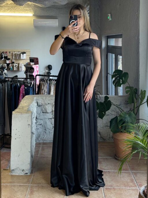 Φόρεμα Off Shoulder Maxi Με Σφηκοφωλιά Στη Μέση Μαύρο