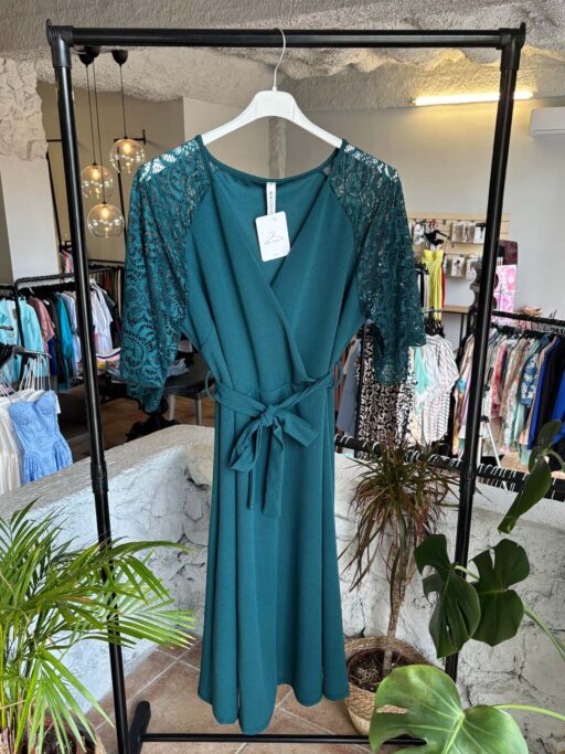 Φόρεμα Plus Size Midi Τύπου Κρουαζέ Με Δαντέλα Στα Μανίκια Σε Πετρόλ