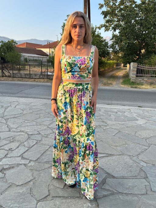 Σετ Φλοράλ Φούστα Με Crop Μπλουζάκι Σε Κίτρινη Απόχρωση