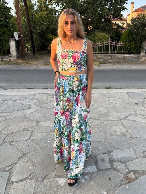 Σετ Φλοράλ Φούστα Με Crop Μπλουζάκι Σε Λευκή Απόχρωση