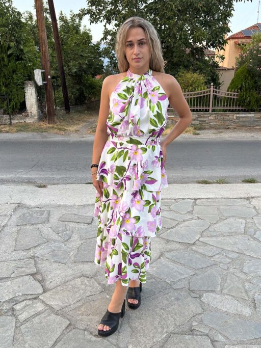 Φόρεμα Λευκό Φλοραλ Midi Με Δέσιμο Στο Λαιμό