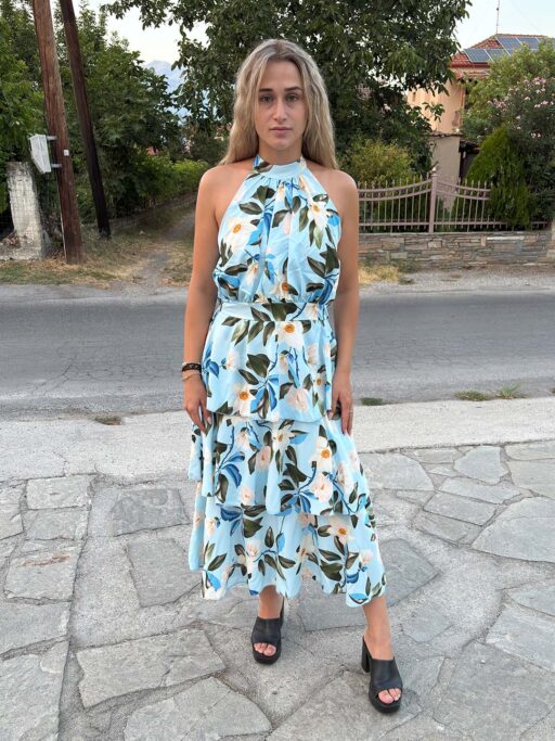 Φόρεμα Baby Blue Φλοραλ Midi Με Δέσιμο Στο Λαιμό
