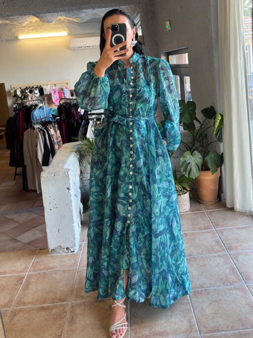 Φόρεμα Maxi Φλοράλ Πετρόλ Με Strass