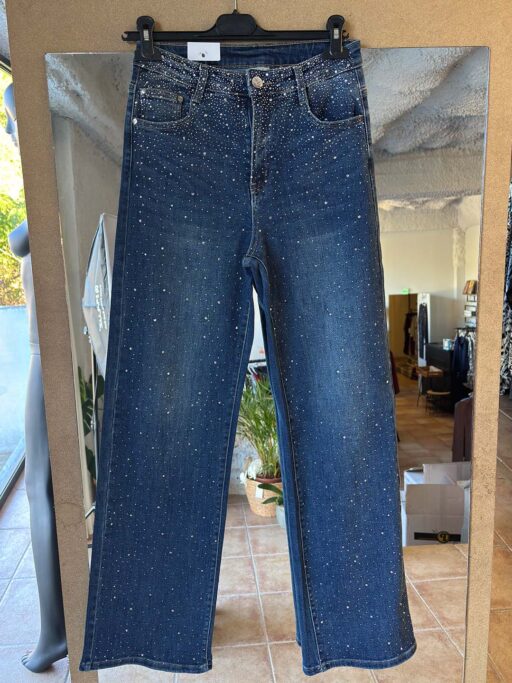 Τζιν Παντελόνι Μπλε Wide Leg Με Strass