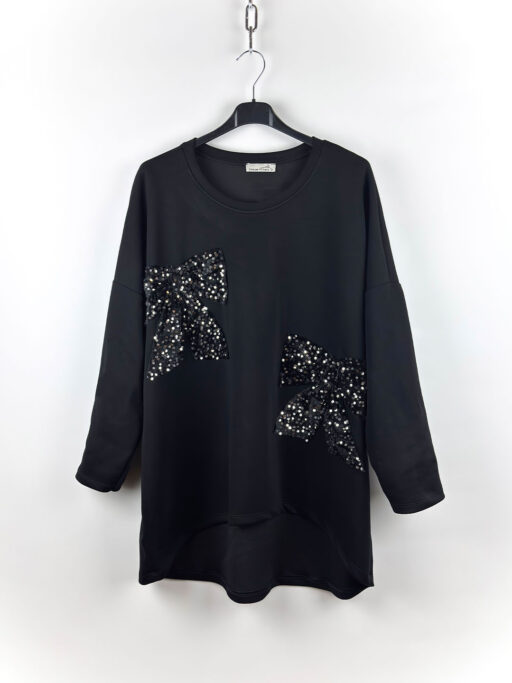 Μπλούζα Μαύρη Plus Size Σχέδιο Με Φιόγκους Και Παγιέτες Ασημί