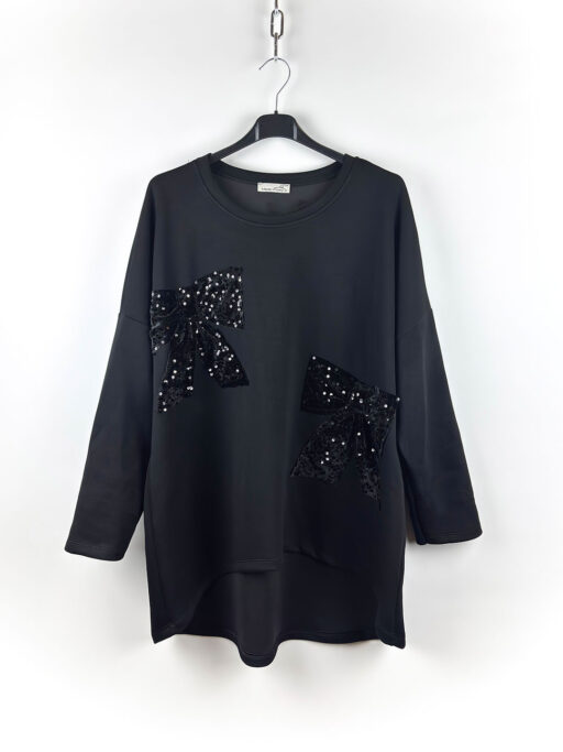 Μπλούζα Μαύρη Plus Size Σχέδιο Με Φιόγκους Και Παγιέτες Μαύρες
