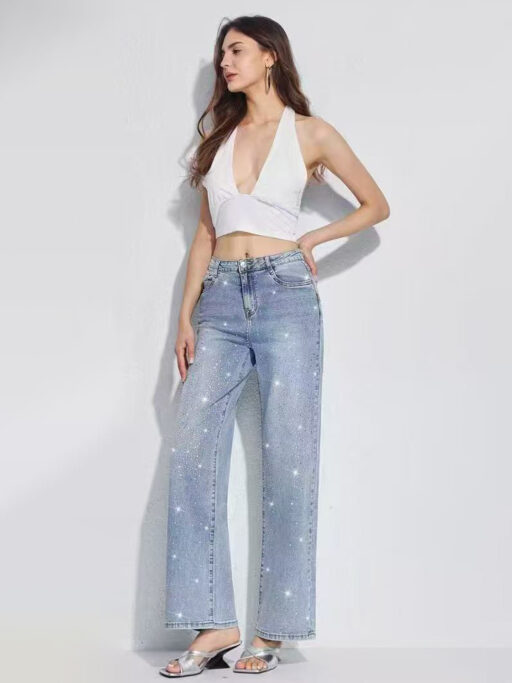 Παντελόνι Τζιν Plus Size Wide Leg Με Strass