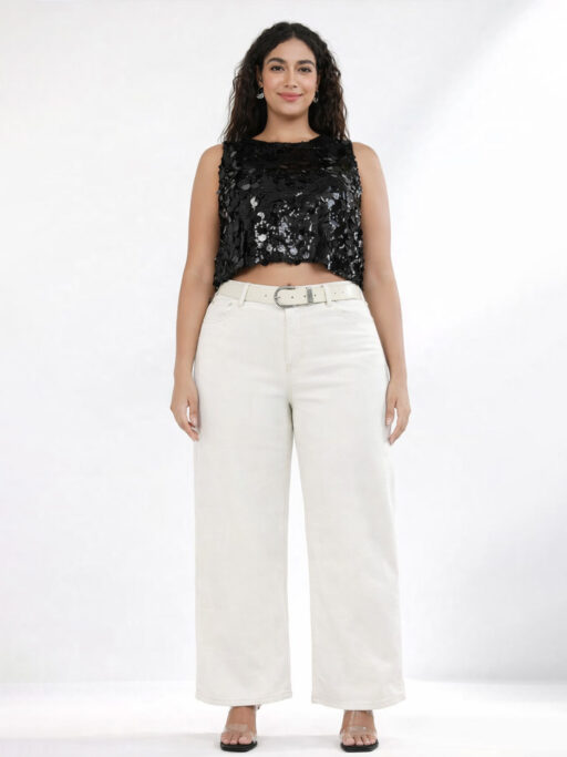 Παντελόνι Τζιν Plus Size Wide Leg Σε Cream Με Ζώνη