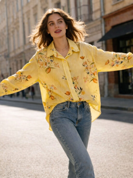 Πουκάμισο Ριγέ Με Φλοράλ Σχέδιο Oversized Γραμμή