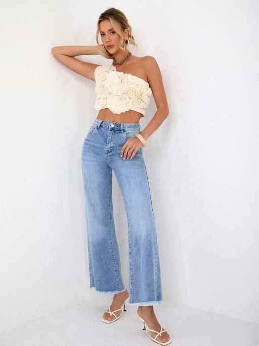 Παντελόνι Τζιν Wide Leg Με Ξέφτια Στο Τελείωμα