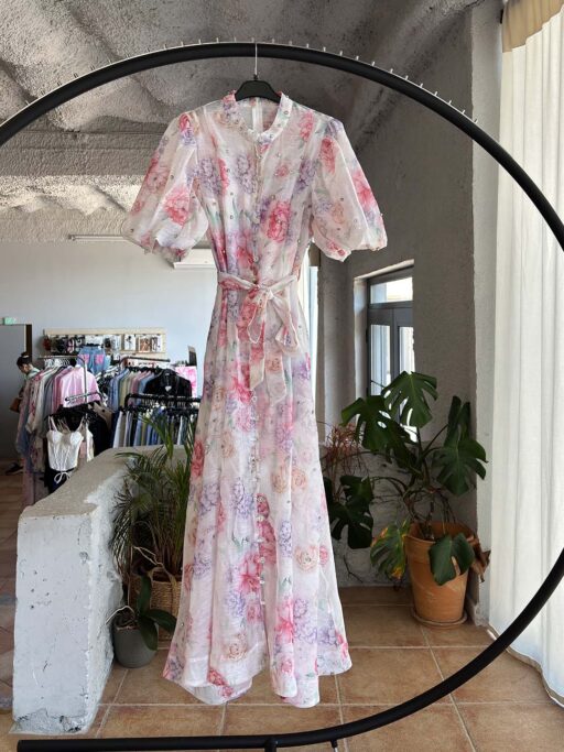 Maxi Φόρεμα Floral με Strass & Balloon Μανίκια