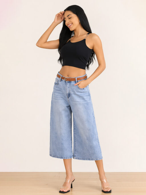 Plus Size Denim Culotte Με Ζώνη