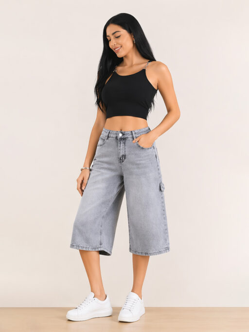 Plus Size Denim Culotte Grey Wash