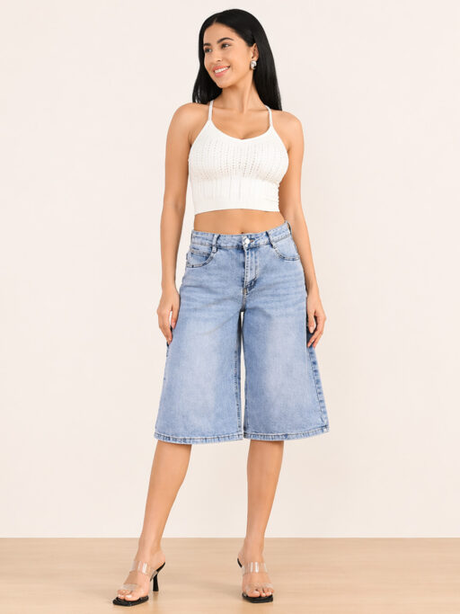 Plus Size Denim Wide Leg Βερμούδα Washed Blue