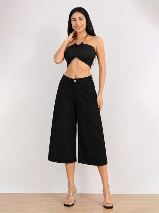 Plus Size Wide Leg Denim Culotte Μαύρη