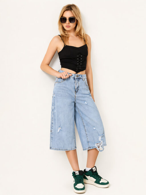 Ripped Denim Βερμούδα Wide Leg