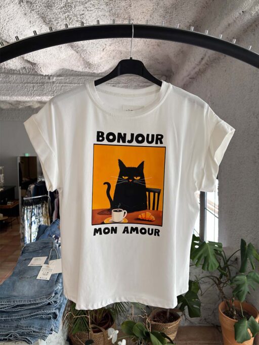 T-Shirt Bonjour Mon Amour Cat Print