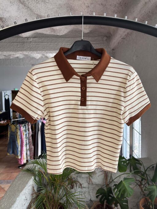 Ριγέ Crop Polo Μπλουζάκι Rib