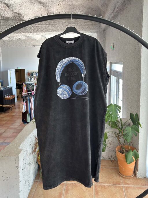 Oversized Αμάνικο Φόρεμα Mineral Wash Με Στάμπα Headphones