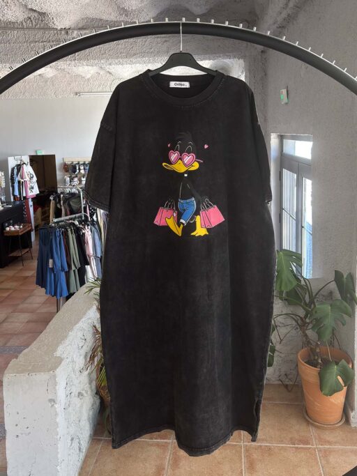 Oversized Φόρεμα Washed Daffy Shopping Print Μαύρο