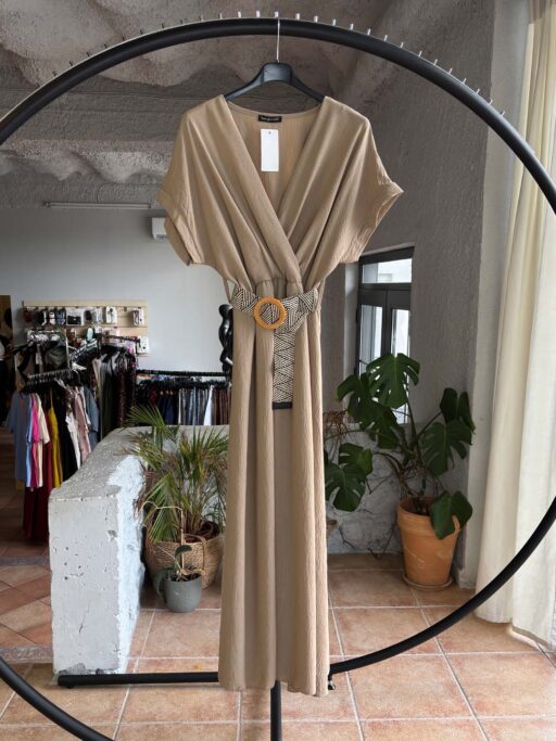Maxi Plus Size Κρουαζέ Φόρεμα Με Ζώνη