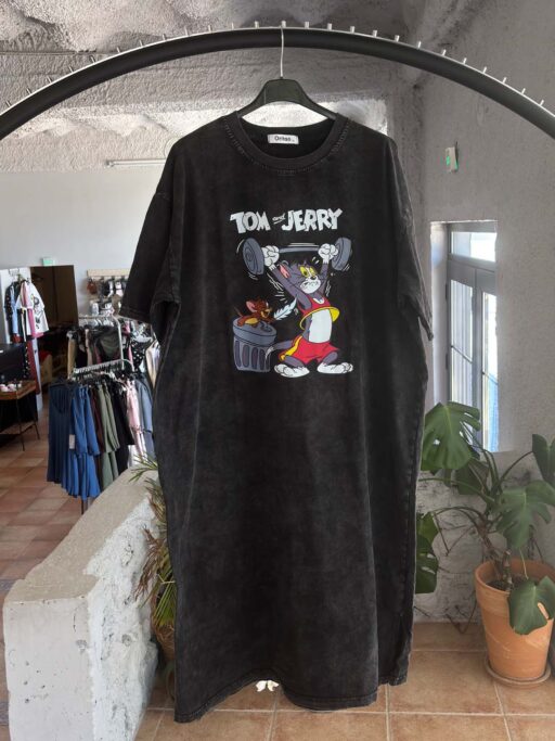 Oversized Φόρεμα Washed Tom & Jerry Print Μαύρο