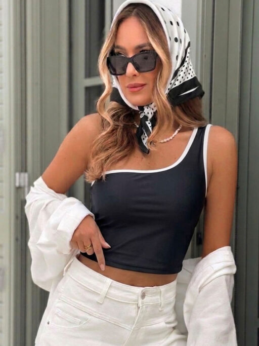 Crop Top με Έναν Ώμο & Contrast Ρέλι