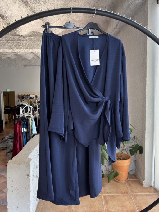 Plus Size Σετ Παντελόνα & Wrap Μπλούζα με Δέσιμο