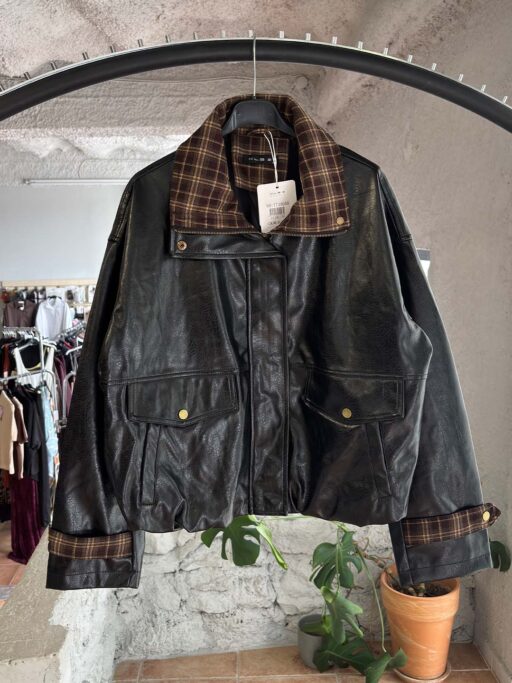 Heritage Check Oversized Jacket Δερματίνης με Καρό Λεπτομέρειες