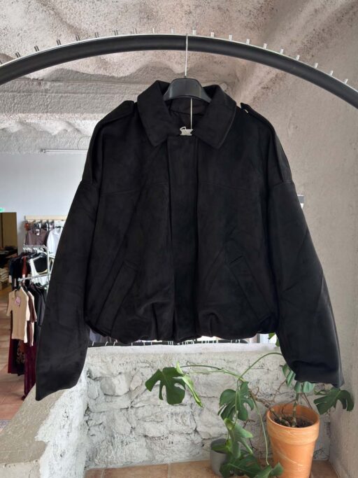 Oversized Suede Bomber Jacket με Τσέπες
