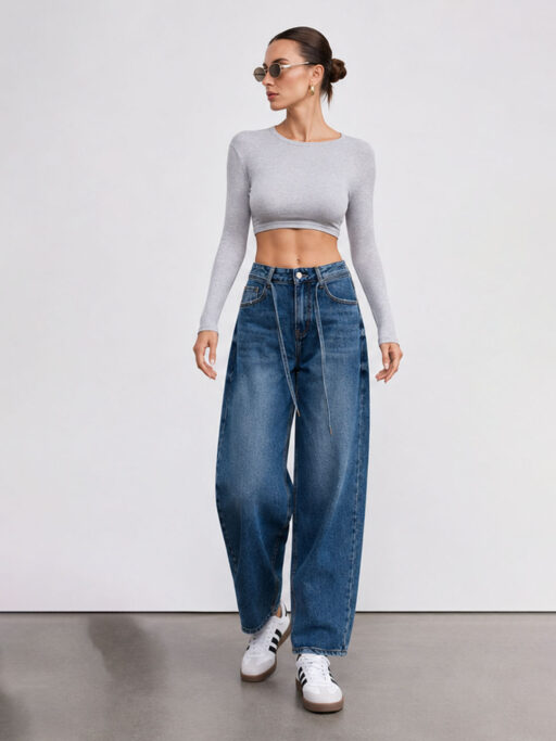 Baggy Mom Fit Τζιν Παντελόνι με Διακοσμητικά Κορδόνια – Blue