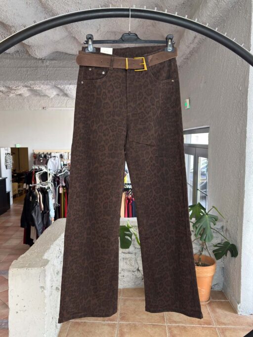 Plus Size Leopard Denim – Τζιν Παντελόνι Wide Leg με Ζώνη