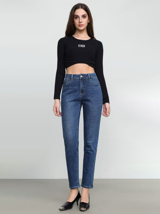 Plus Size Τζιν Παντελόνι Slim Fit Crystal Strass