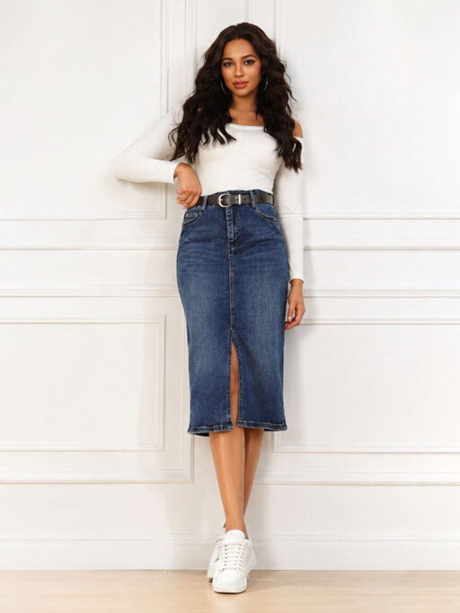 Plus Size Midi Τζιν Φούστα Ψηλόμεση με Μπροστινό Σκίσιμο