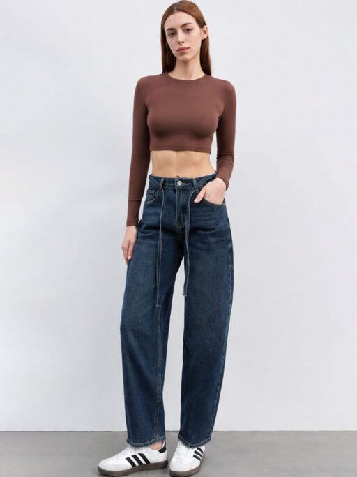 Baggy Mom Fit Τζιν Παντελόνι με Διακοσμητικά Κορδόνια – Dark Blue