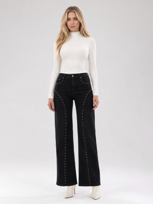 Plus Size Stud Line Wide Leg Ελαστικό Τζιν – Μαύρο
