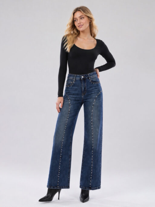 Plus Size Stud Line Wide Leg Ελαστικό Τζιν – Μπλε