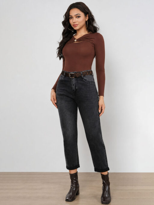 Plus Size Τζιν Ελαστικό Mom Fit με Animal Print Ζώνη