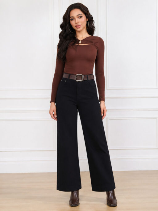 Plus Size Τζιν Παντελόνι Straight Μαύρο με Ζώνη