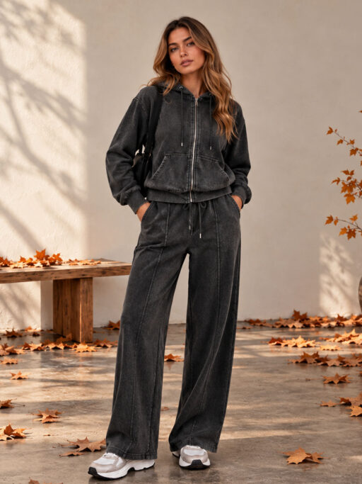 Vintage Washed Πετροπλυμένο Σετ Φόρμας με Φλις Επένδυση & Wide Leg Παντελόνι