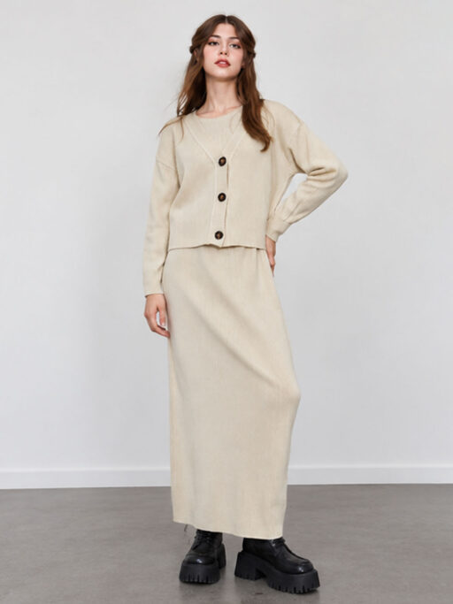 Soft Rib Knit Πλεκτό Σετ 2 Τεμαχίων με Maxi Φόρεμα & Ζακέτα