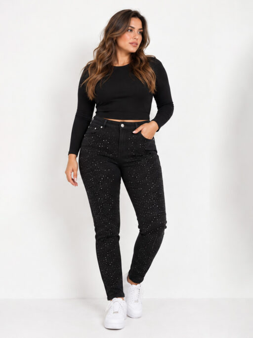 Plus Size Crystal Strass Μαύρο Τζιν Παντελόνι