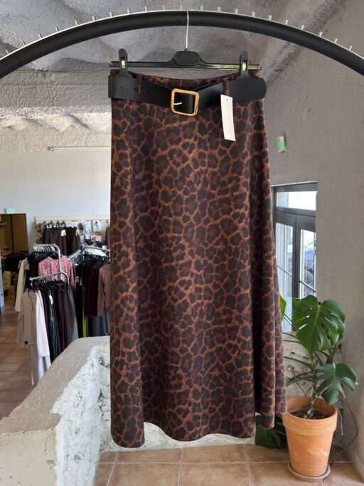 Chocolate Leopard Suede Midi Φούστα με Ζώνη